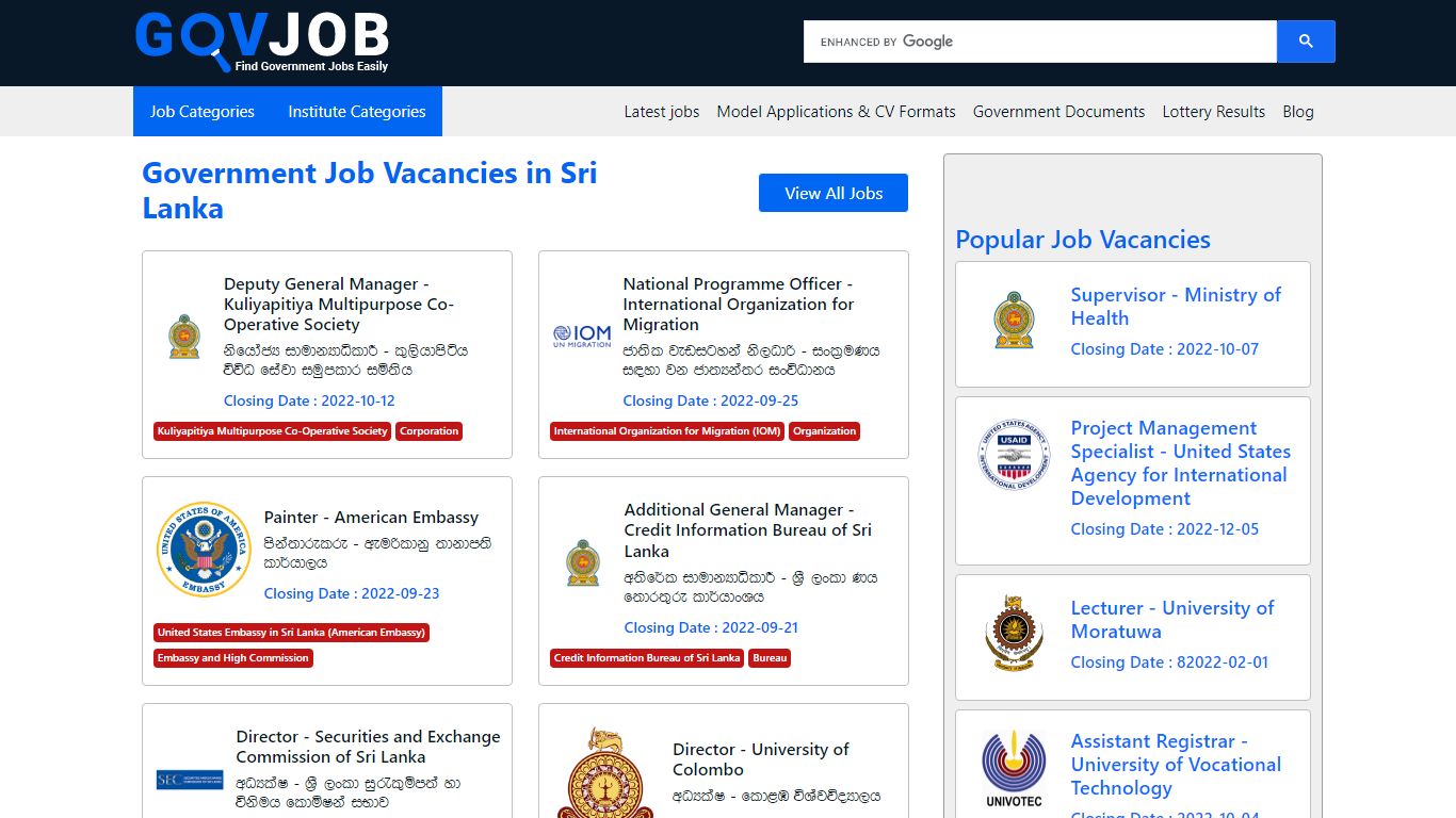 Government Job Vacancies in Sri Lanka - Sri Lanka Jobs